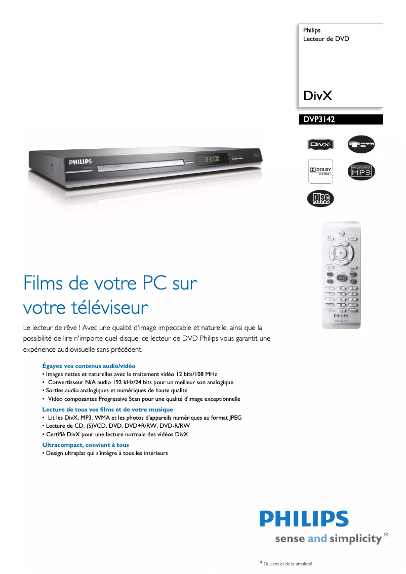 Page 1 de la notice Fiche technique Philips DVP3142