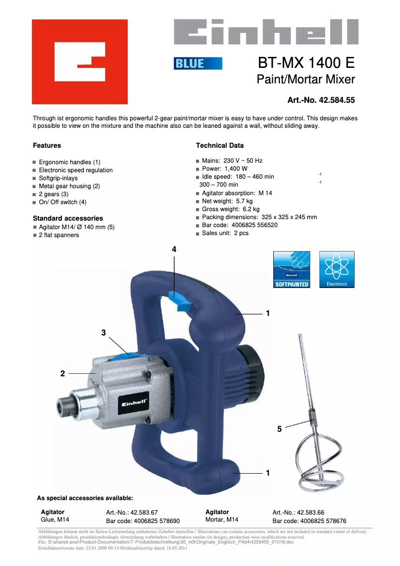Page 1 de la notice Fiche technique Einhell BT-MX 1400 E