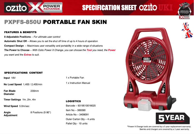 Page 1 de la notice Fiche technique Ozito PXPFS-850U