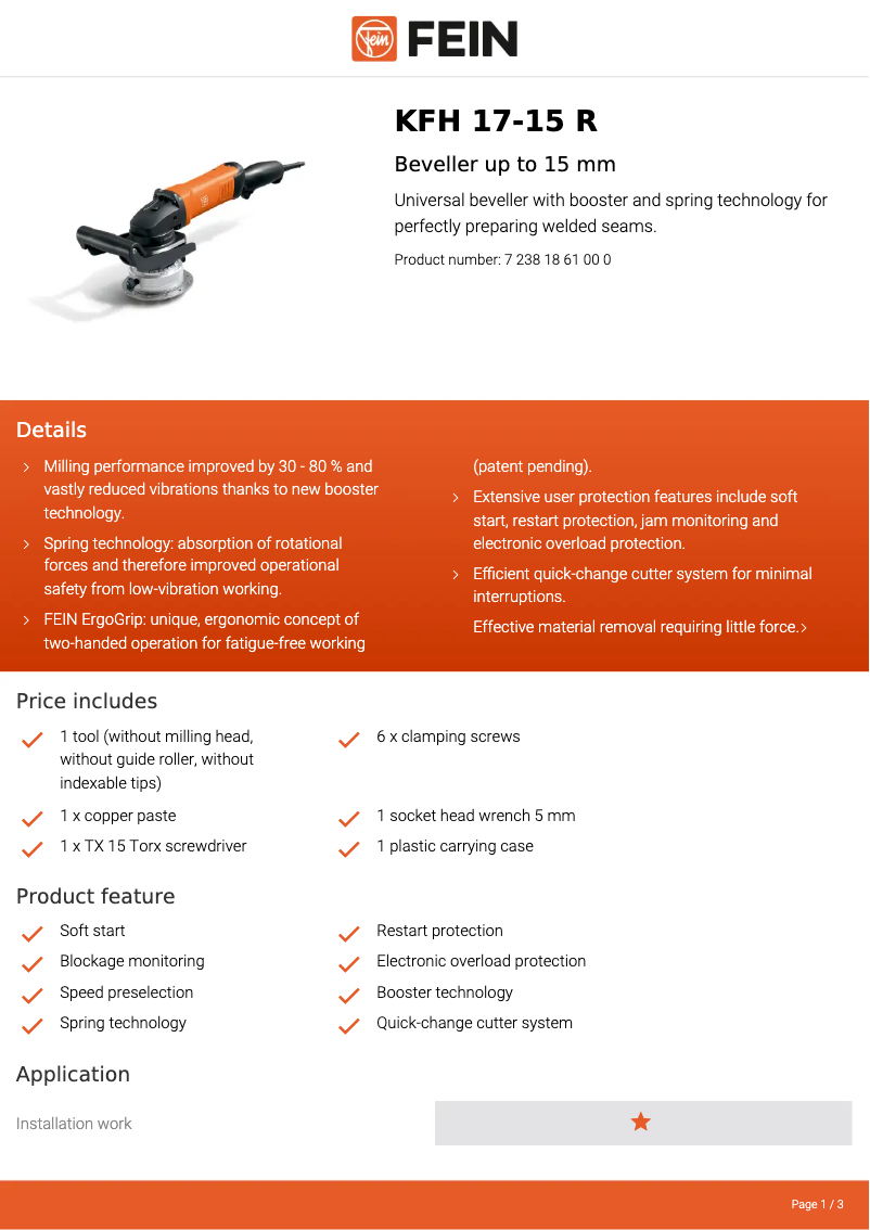 Page n°1 - Fiche technique Fein KFH 17-15 R