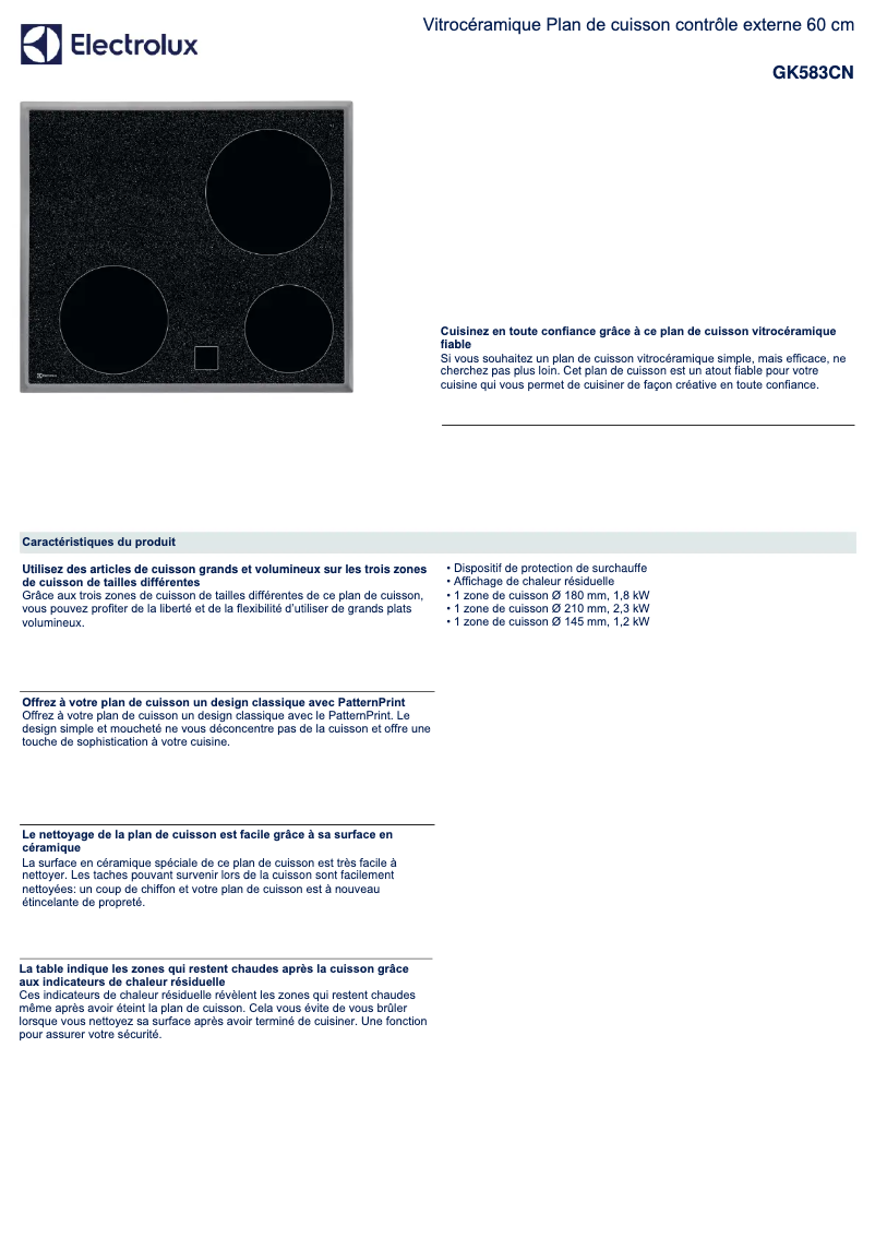 Página 1 del manual Ficha técnica Electrolux GK583CN