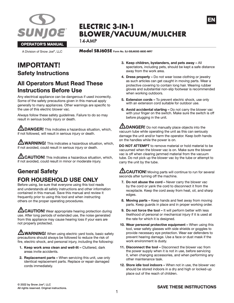 Page 1 de la notice Manuel utilisateur Sun Joe BDL-A0042