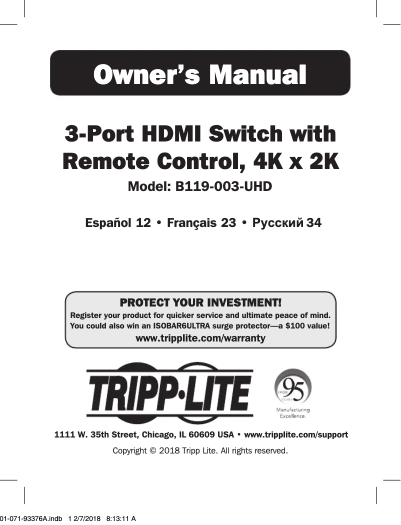Page n°1 - Manuel utilisateur Tripp Lite B119-003-UHD