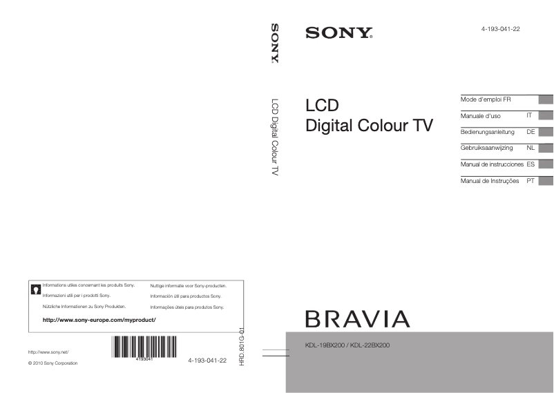 Page 1 de la notice Manuel utilisateur Sony Bravia KDL-19BX200