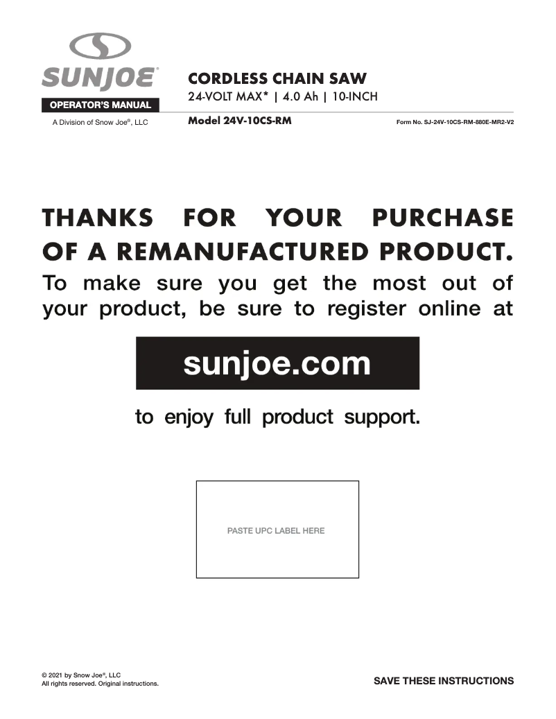 Page 1 de la notice Manuel utilisateur Sun Joe 24V-10CS-RM