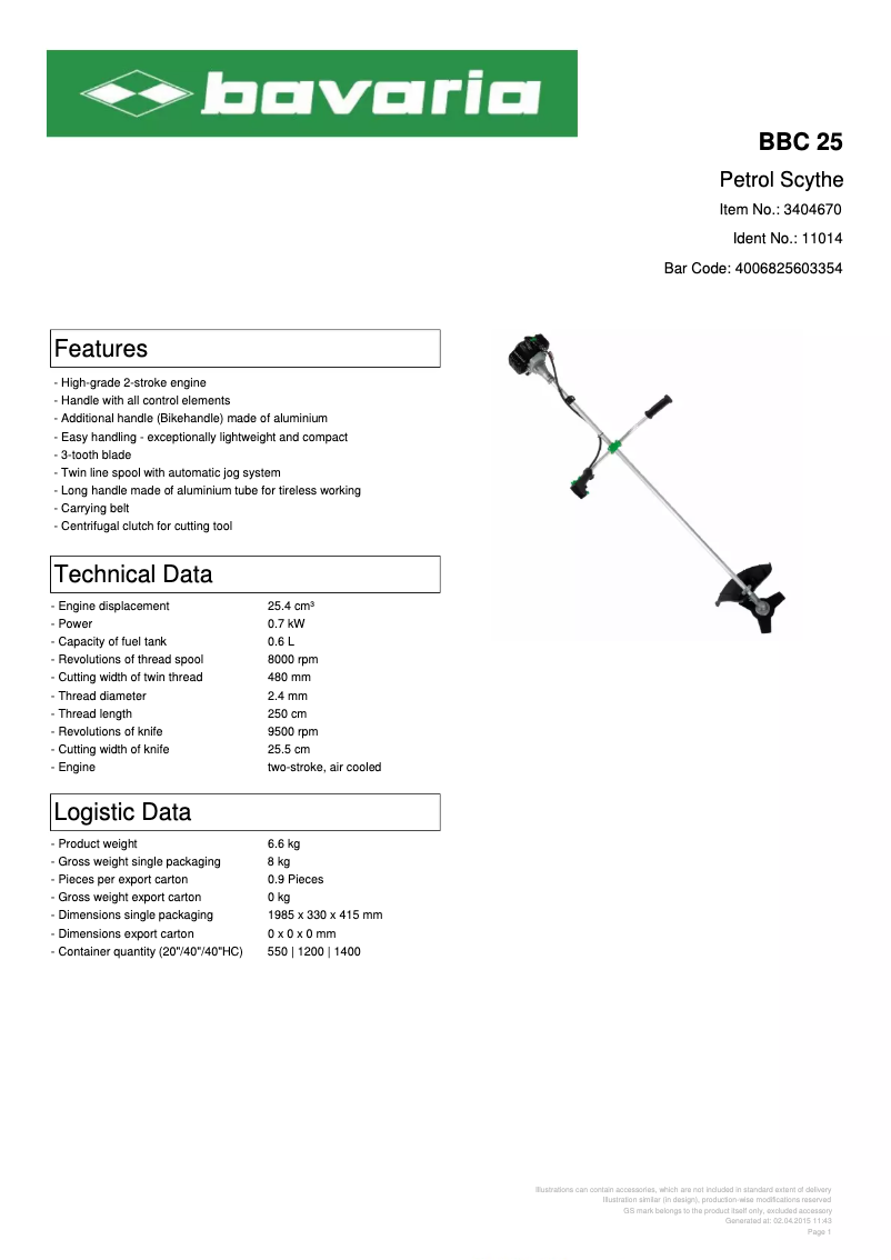 Página 1 del manual Ficha técnica Bavaria BBC 25