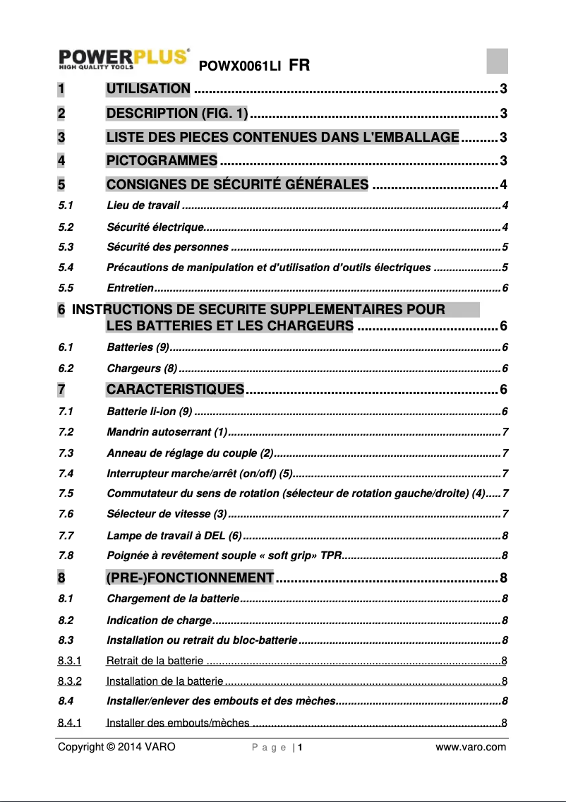 Image de la première page du manuel de l'appareil POWX0061LI