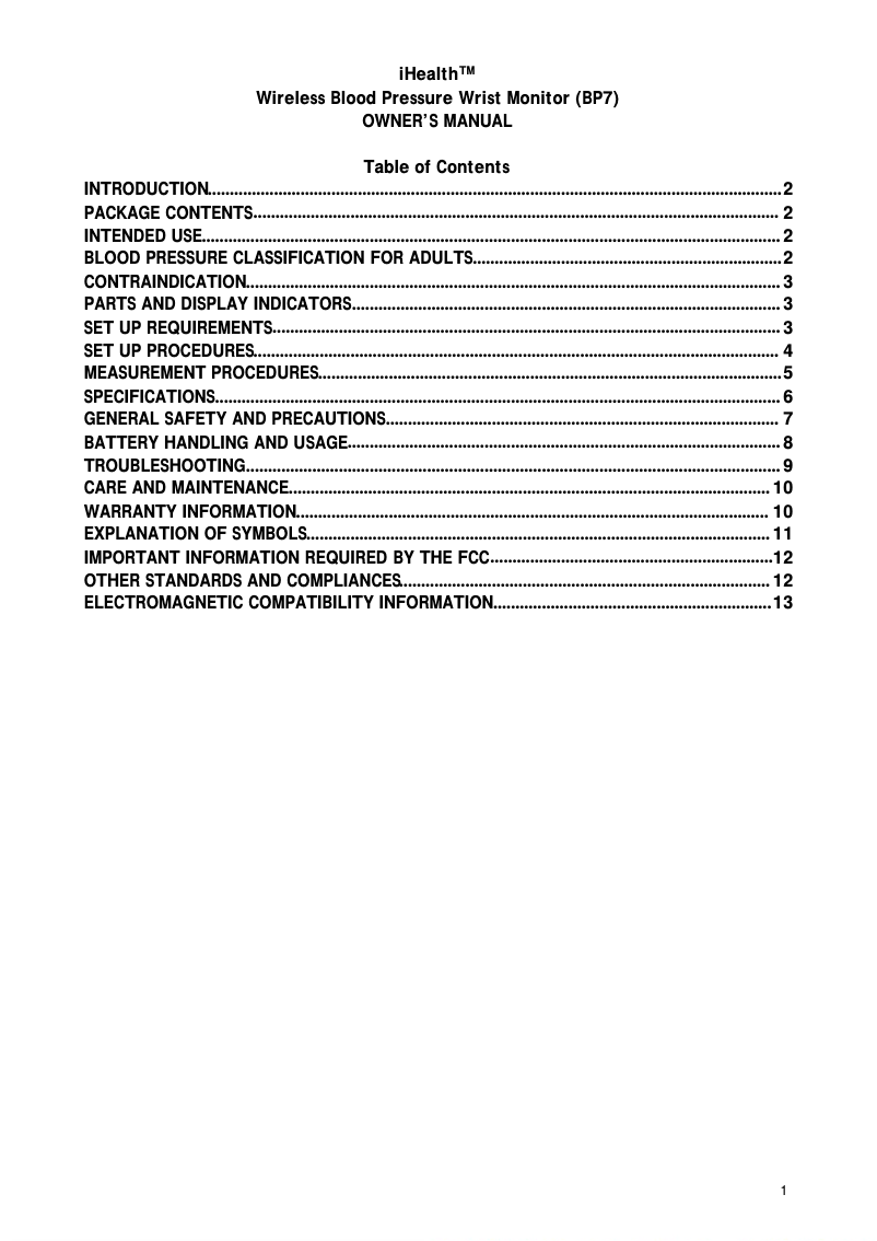 Page 1 de la notice Manuel utilisateur iHealth BP7