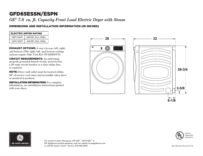 Page 1 de la notice Fiche technique GE GFD65ESPNSN