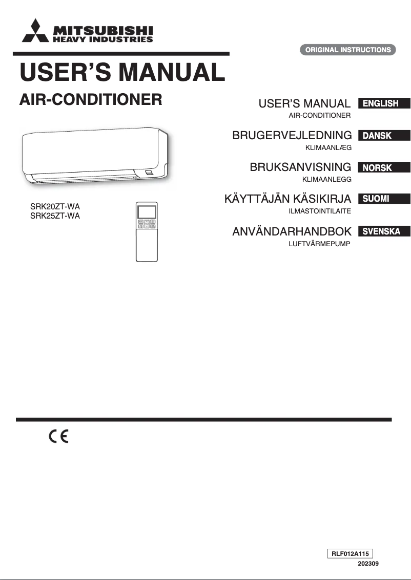 Page 1 de la notice Manuel utilisateur Mitsubishi SRK20ZT-WA