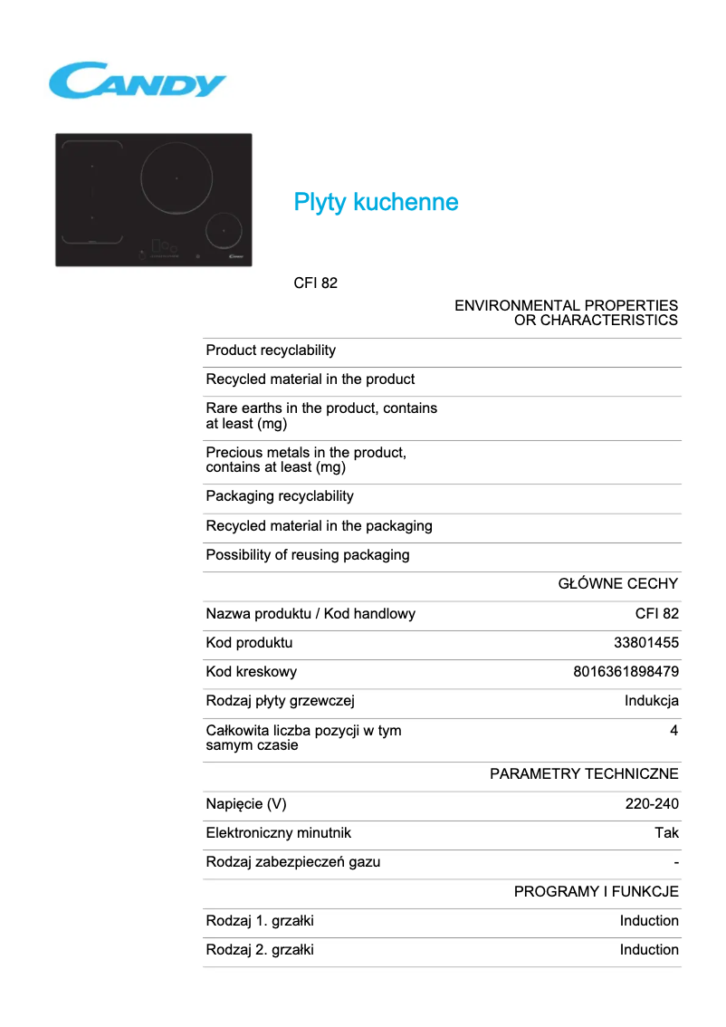 Page 1 de la notice Fiche technique Candy CFI 82