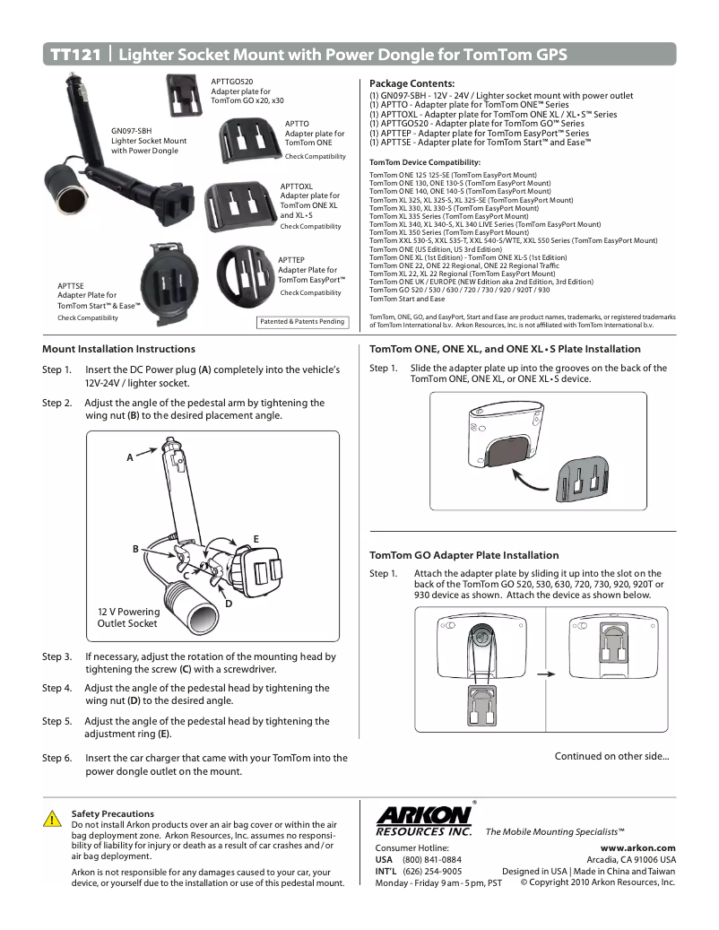 Page 1 de la notice Manuel utilisateur Arkon TT121
