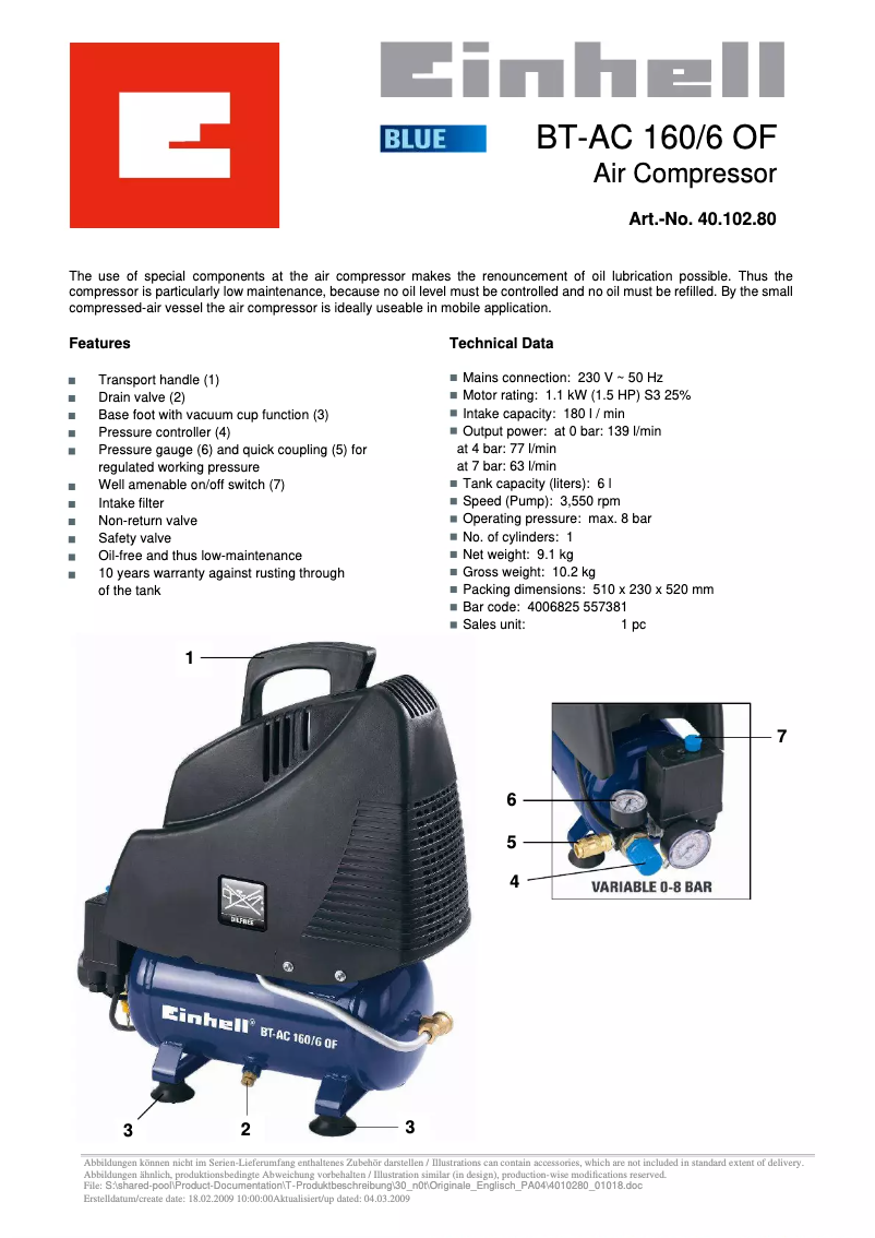 Page 1 de la notice Manuel utilisateur Einhell BT-AC 160/6 OF