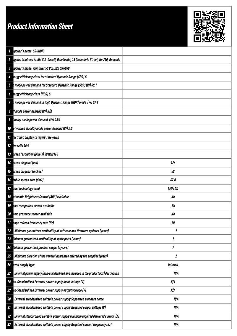 Page 1 de la notice Fiche technique Grundig 50 VCE 222