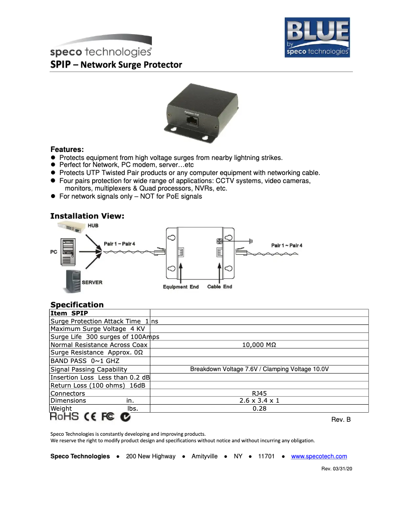 Page 1 de la notice Manuel utilisateur Speco Technologies SPIP