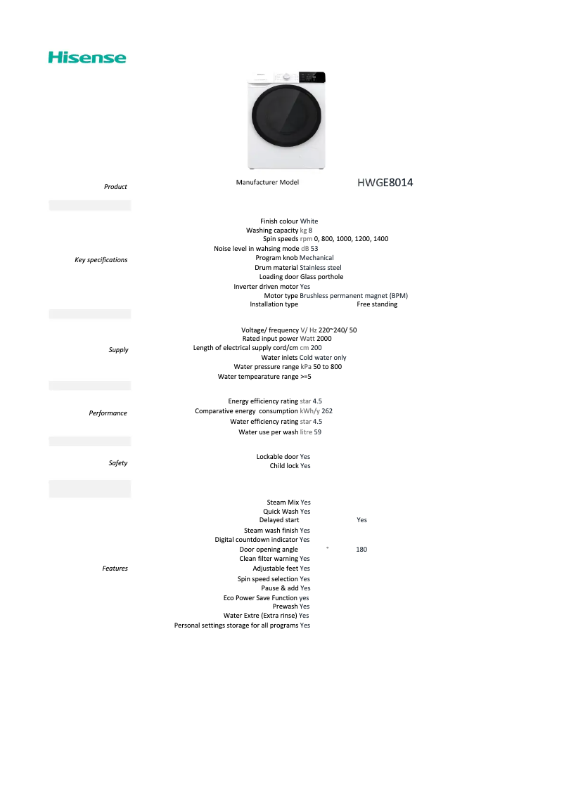 Page n°1 - Fiche technique Hisense HWGE8014
