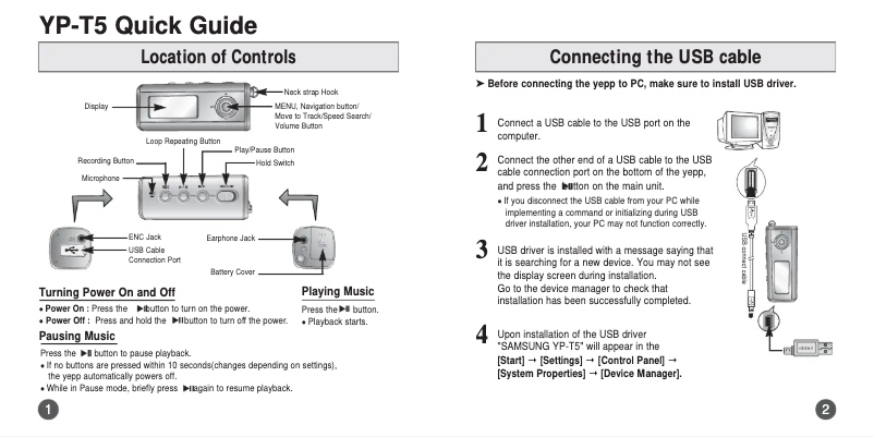 Page 1 de la notice Manuel utilisateur Samsung YP-T5X