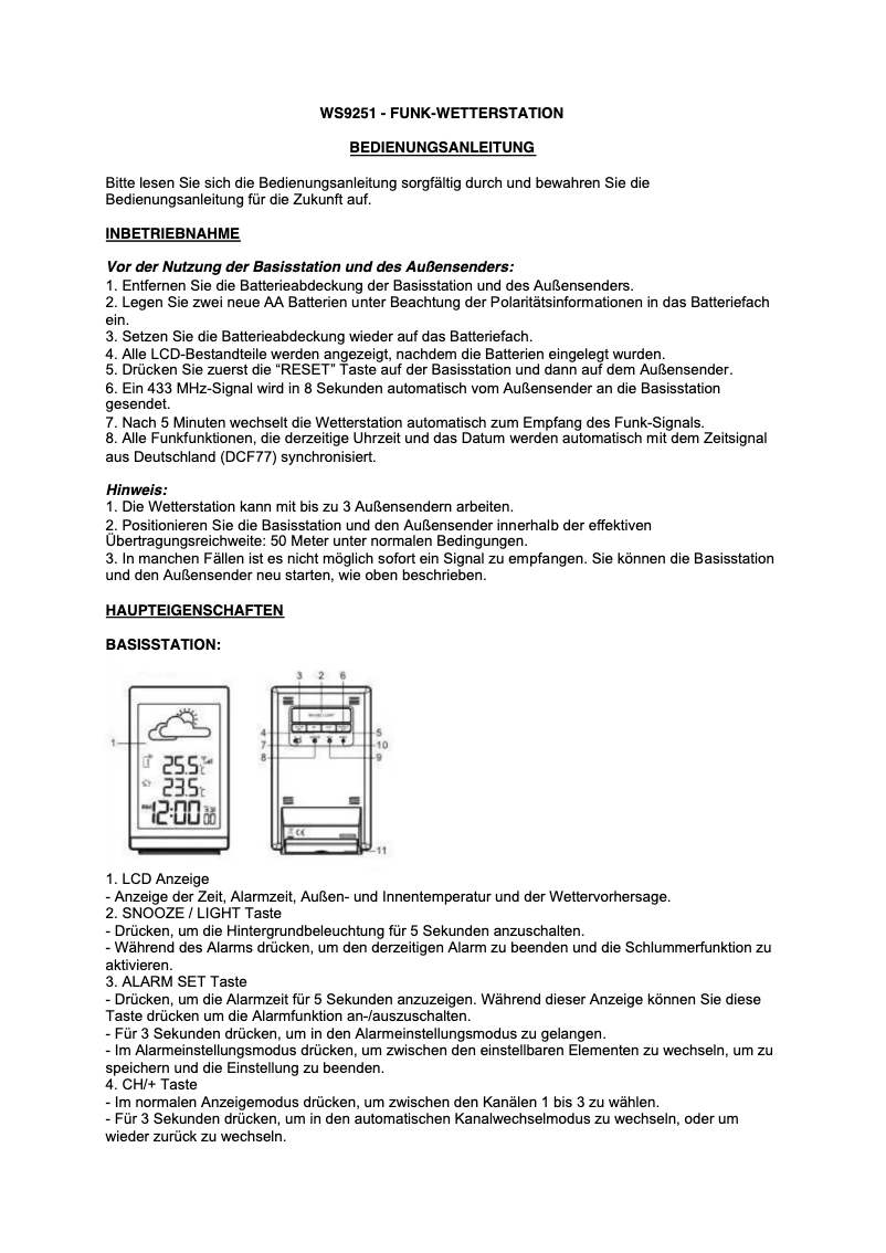 Page 1 de la notice Manuel utilisateur Techno Line WS 9251