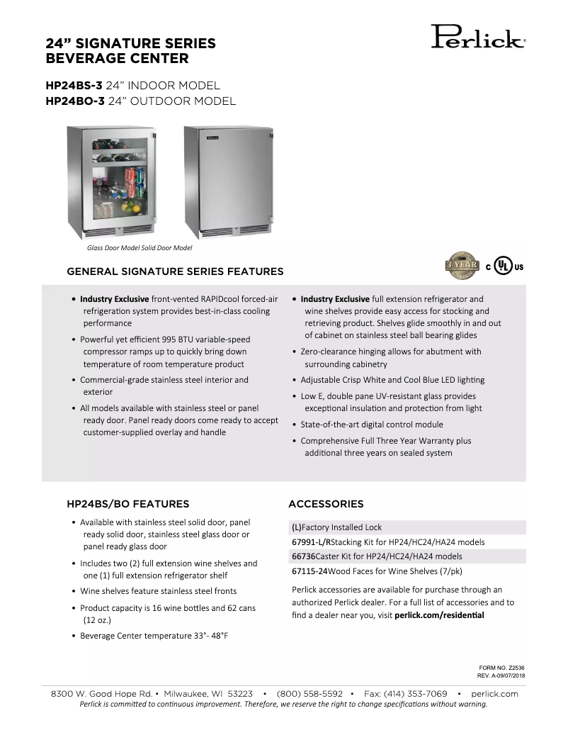 Página 1 del manual Ficha técnica Perlick Signature Series HP24BO-3-1R