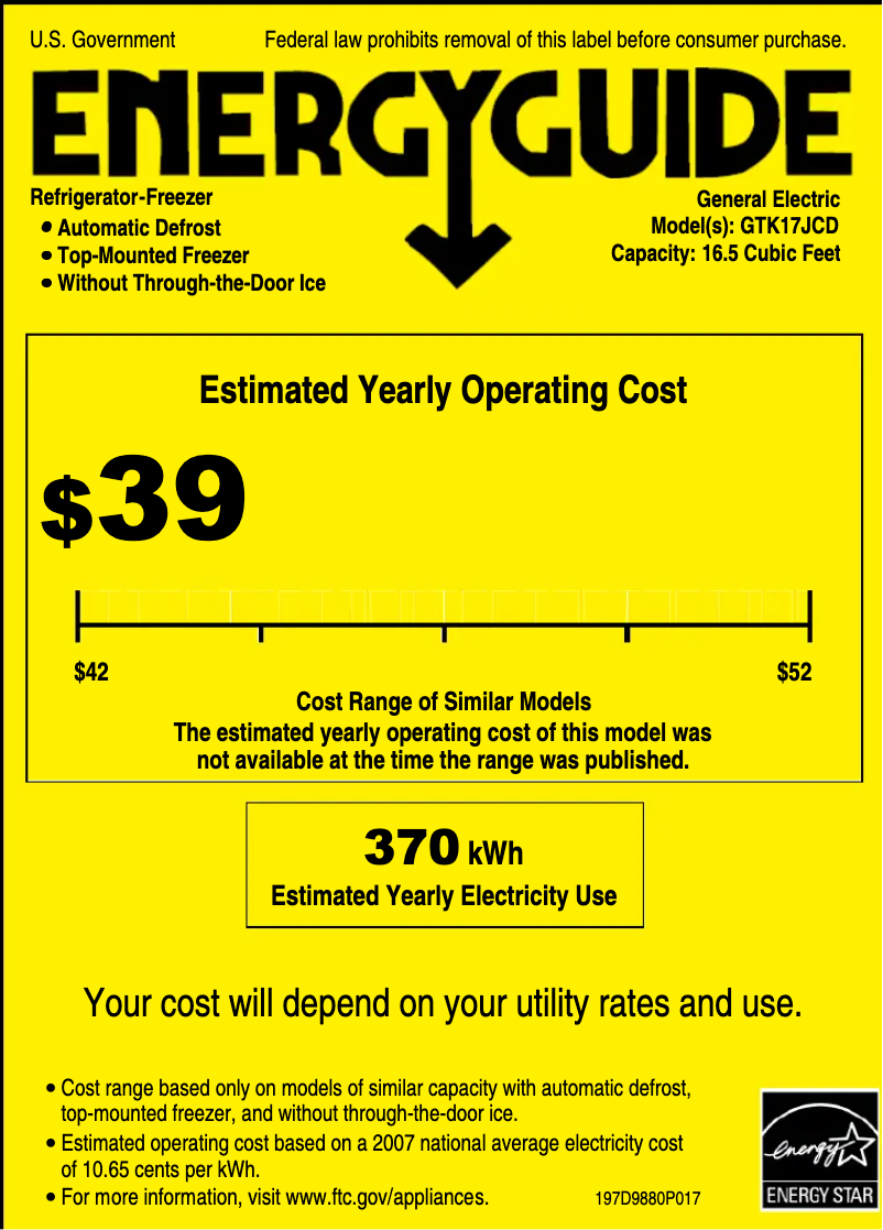 Page 1 de la notice Label énergétique GE GTK17JCDBS