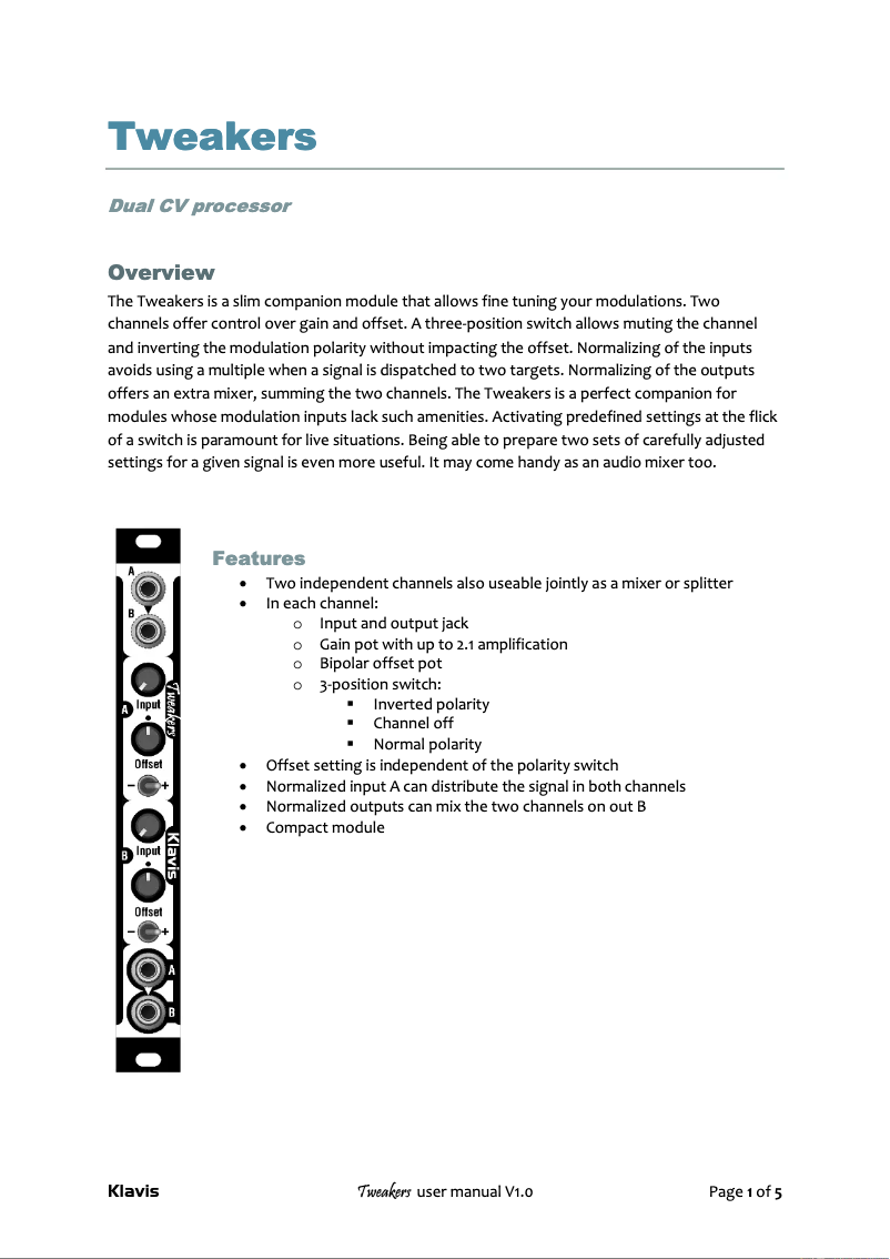 Page 1 de la notice Manuel utilisateur Klavis Dual CV