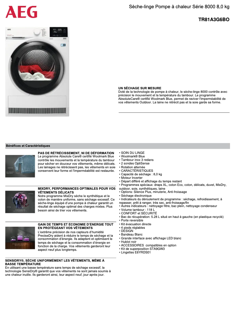 Page 1 de la notice Fiche technique AEG TR81A3G6BO