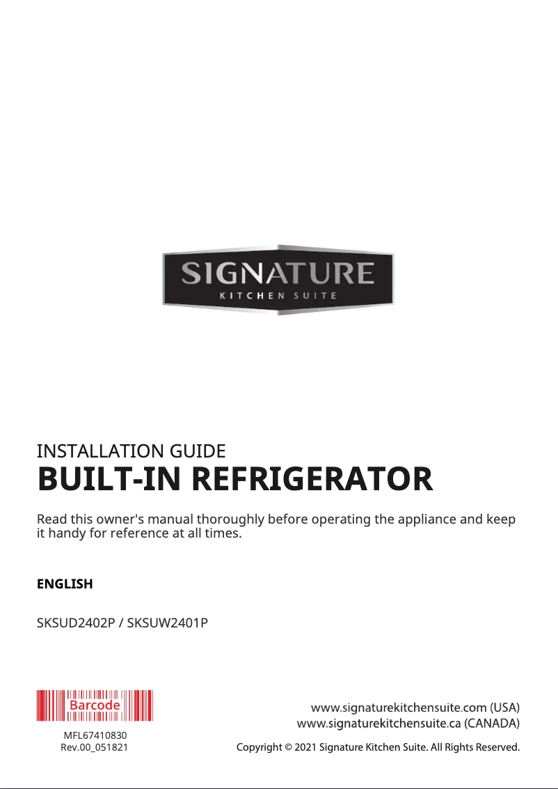 Page n°1 - Guide d'installation Signature SKSUD2402P