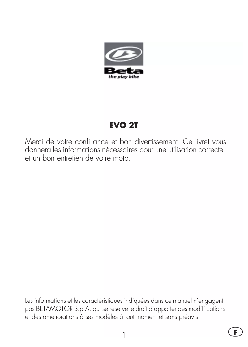Page 1 de la notice Manuel utilisateur Beta EVO 250 2T Factory (2014)