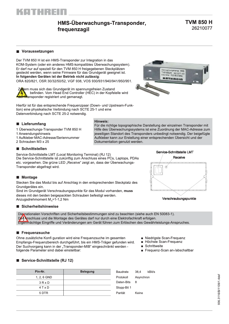Page n°1 - Manuel utilisateur Kathrein TVM 850/H