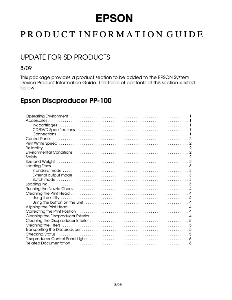 Página 1 del manual Ficha técnica Epson Discproducer PP-100II