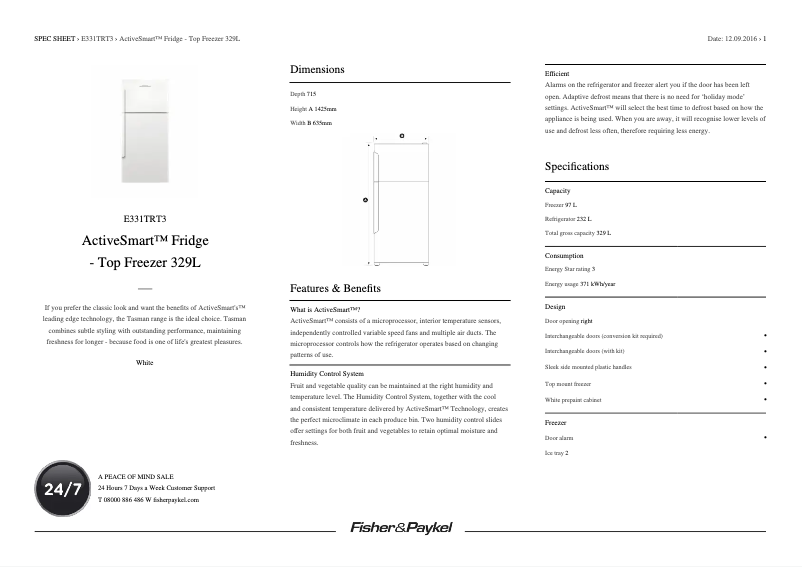 Page 1 de la notice Fiche technique Fisher & Paykel E331TRT3