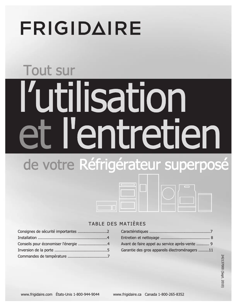 Page n°1 - Manuel utilisateur Frigidaire FFHT10F2LB