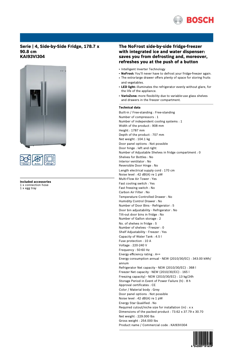 Page 1 de la notice Fiche technique Bosch KAI93VI304