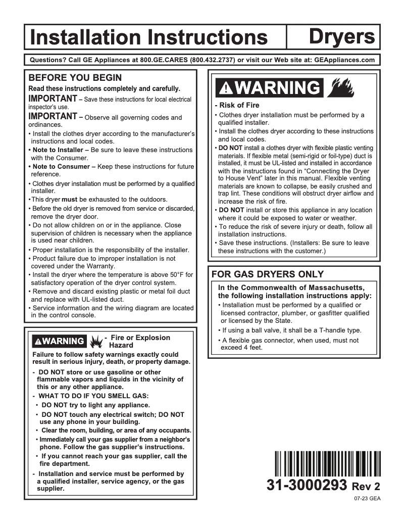 Page n°1 - Guide d'installation GE ETD48EASWWB