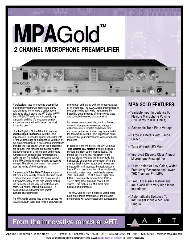 Page 1 de la notice Manuel utilisateur ART MPA Gold