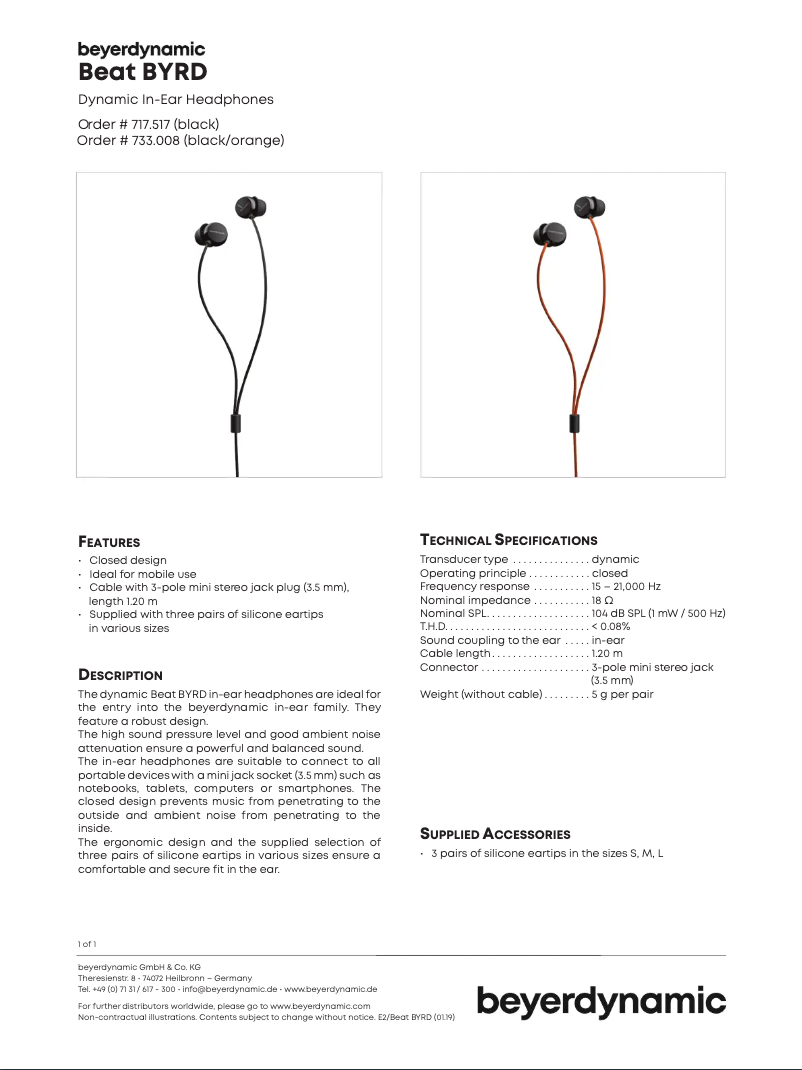 Page n°1 - Fiche technique Beyerdynamic Beat BYRD
