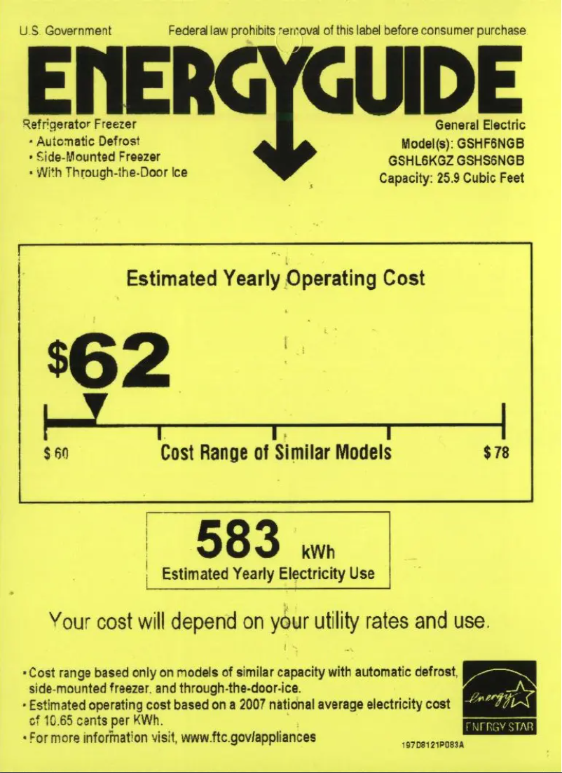 Page 1 de la notice Label énergétique GE GSHS6NGBSS