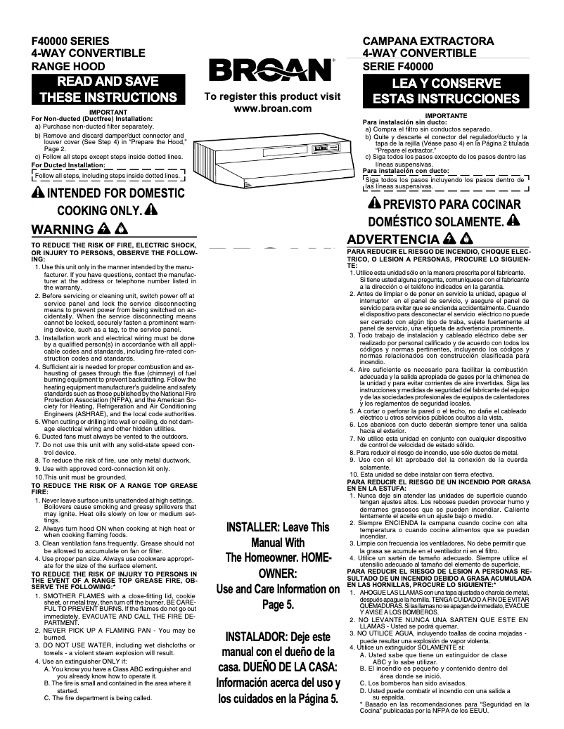 Page 1 de la notice Guide d'installation Broan F403023