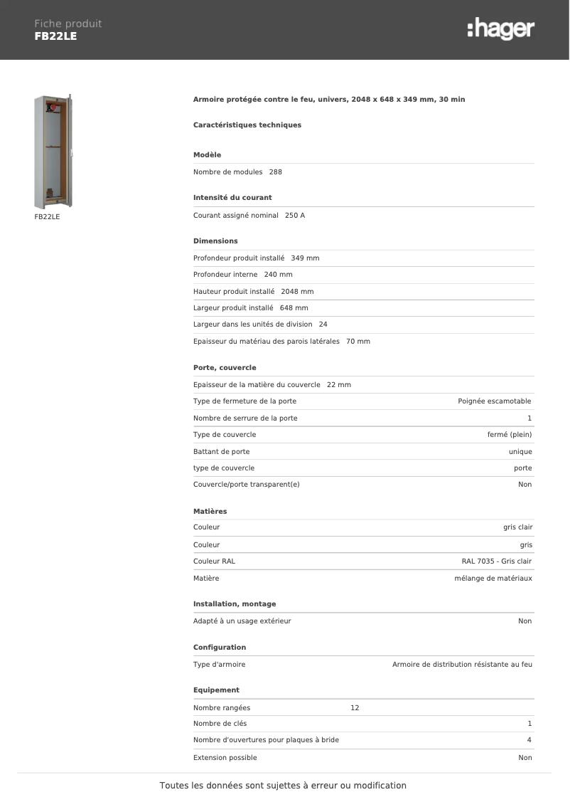 Page 1 of the manual Technical Sheet Hager FB22LE