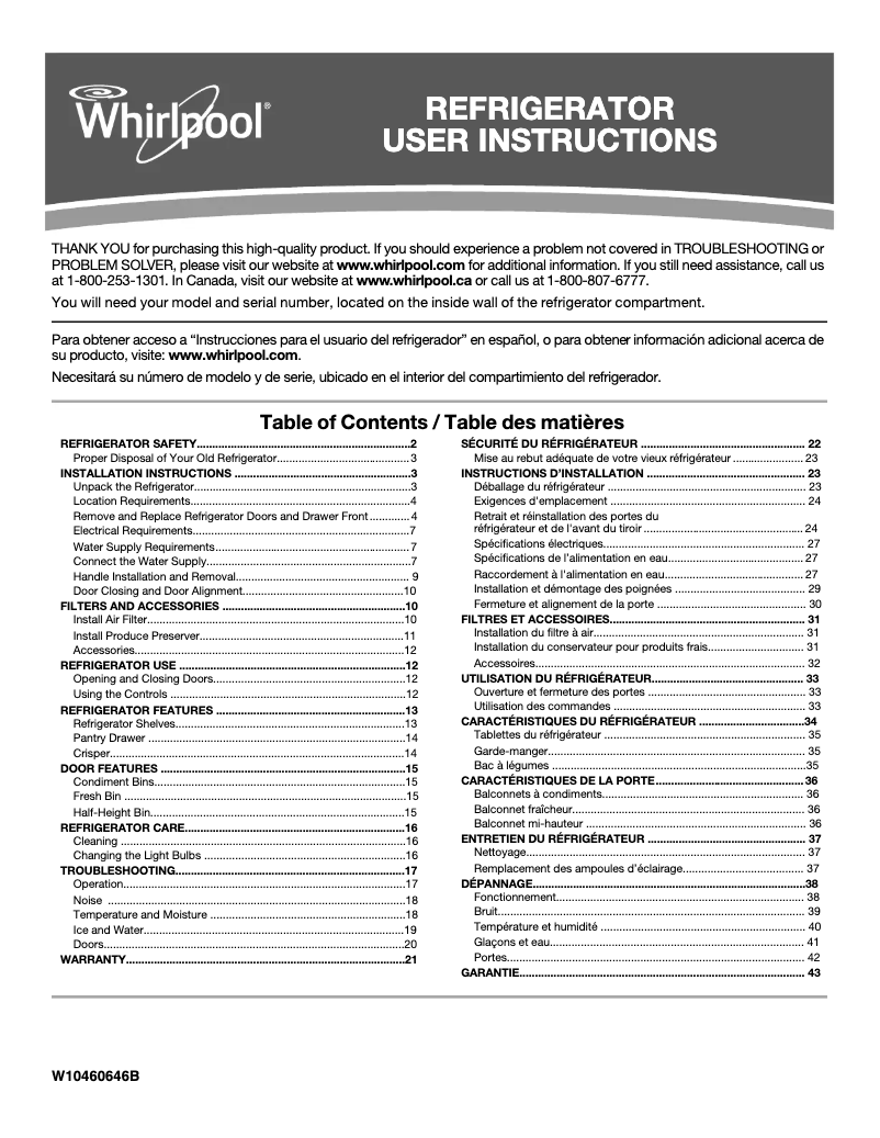 Page 1 de la notice Manuel utilisateur Whirlpool WRF560SFHB