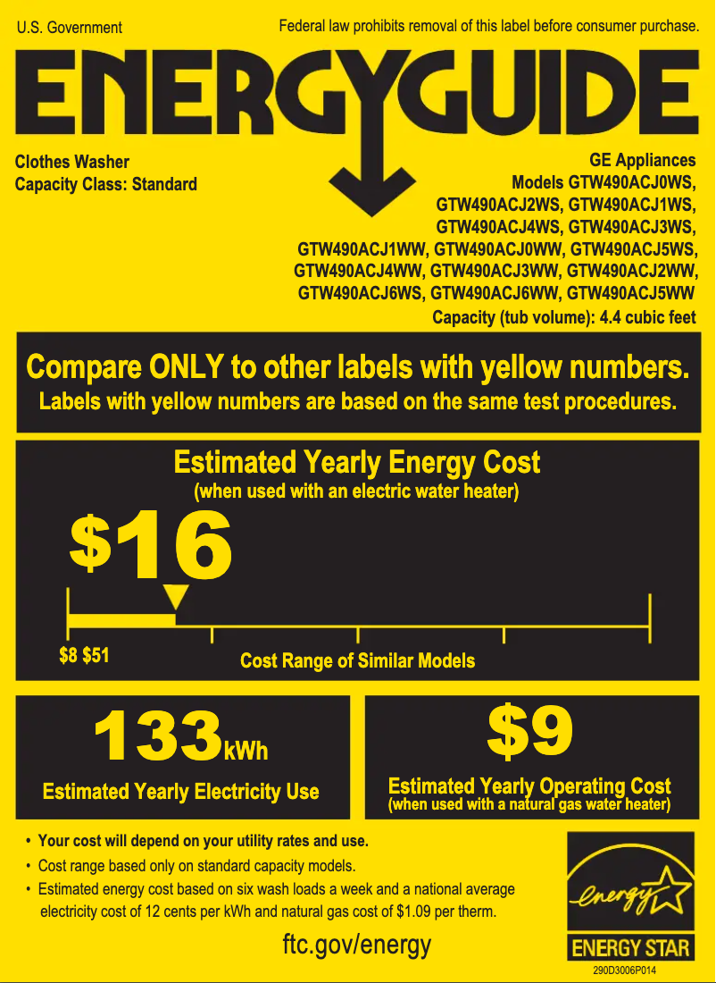Page n°1 - Label énergétique GE GTW490ACJWW