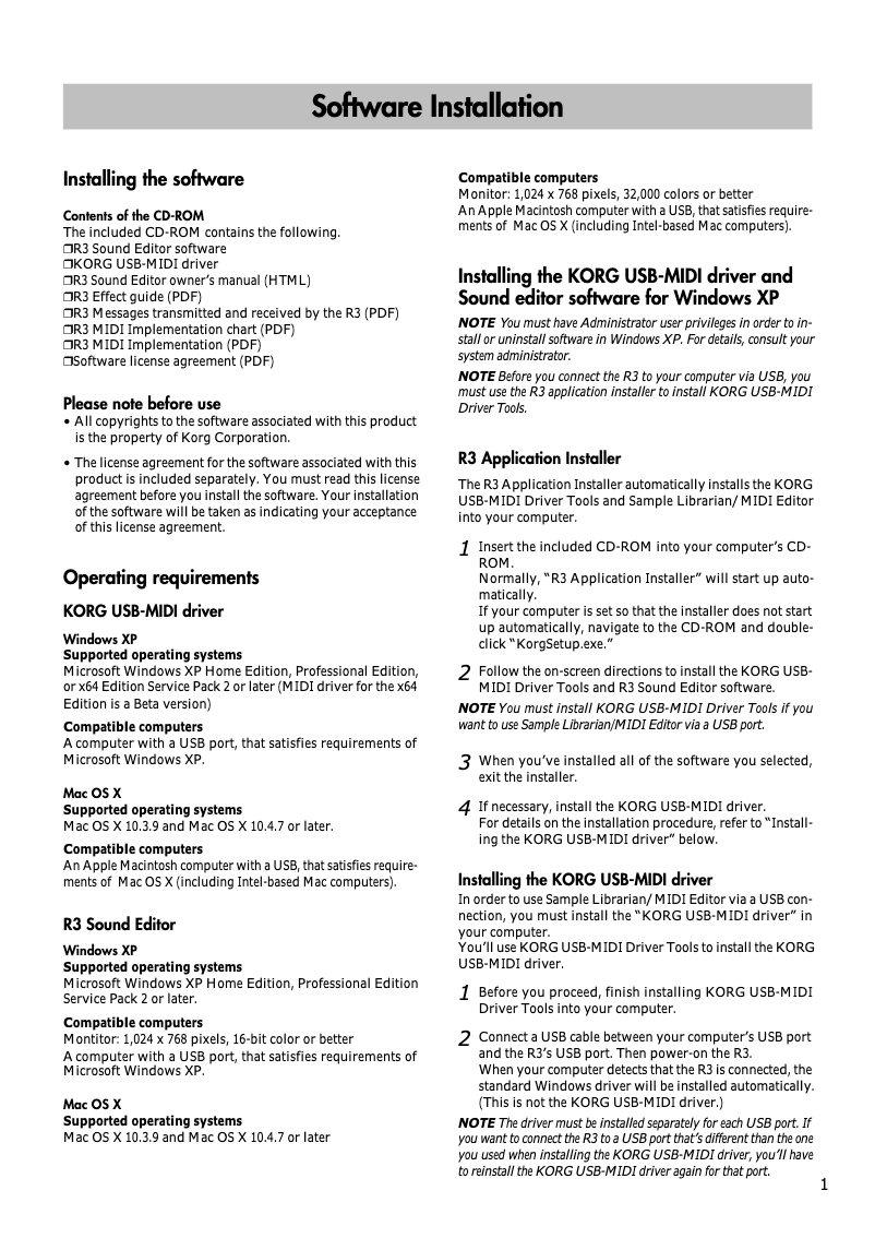 Page 1 de la notice Guide d'installation Korg R3