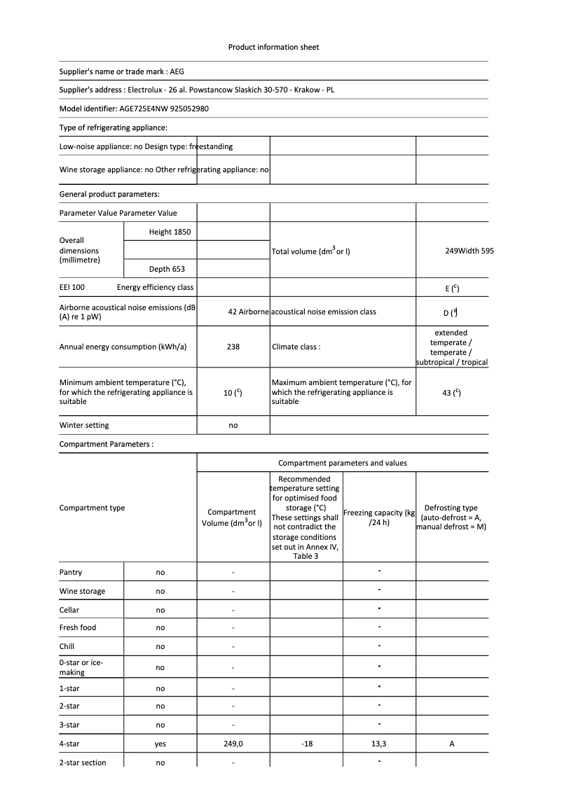 Page n°1 - Fiche technique AEG AGE725E4NW