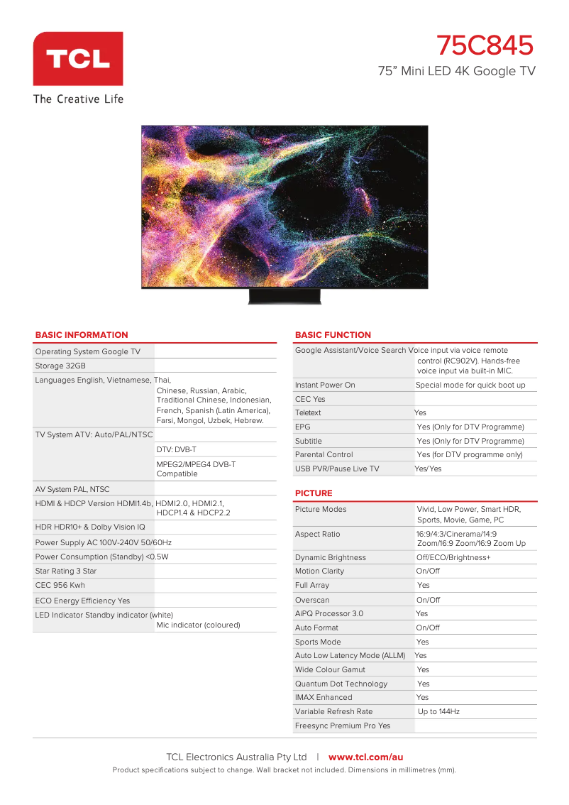 Page 1 de la notice Fiche technique TCL 75C845