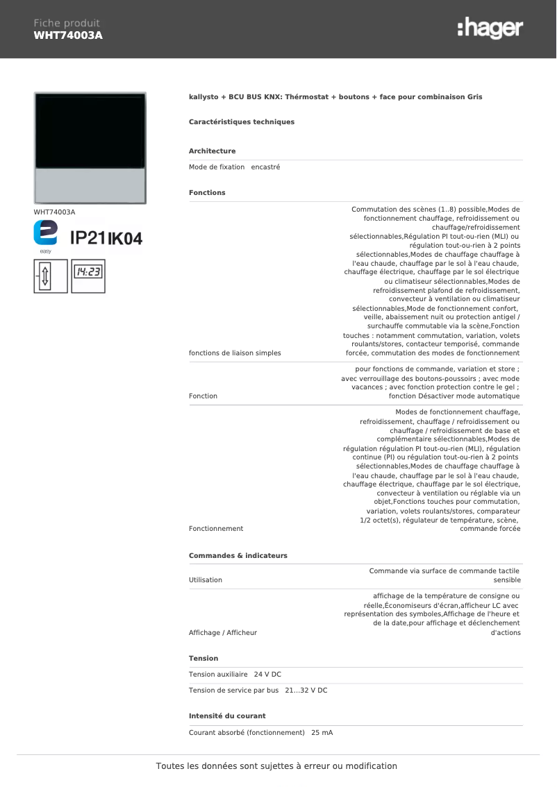 Image de la première page du manuel de l'appareil WHT74003A