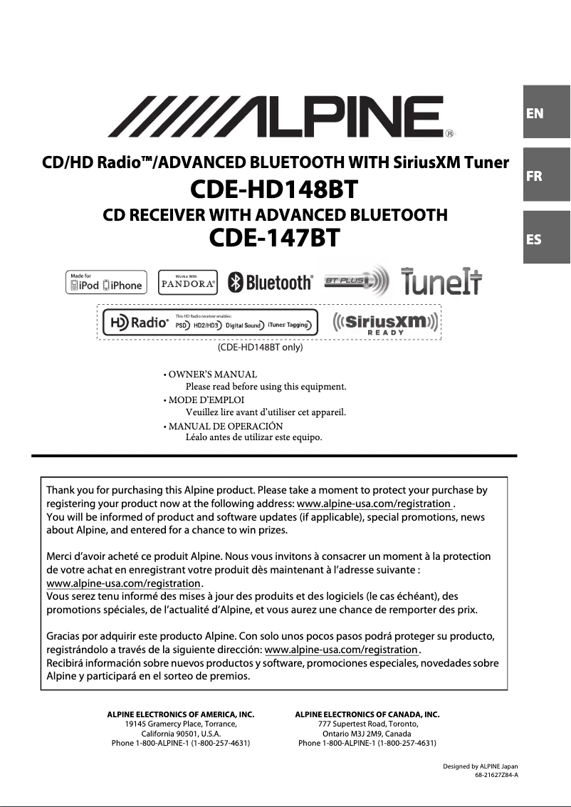 Page 1 of the manual User Manual Alpine CDE-HD148BT