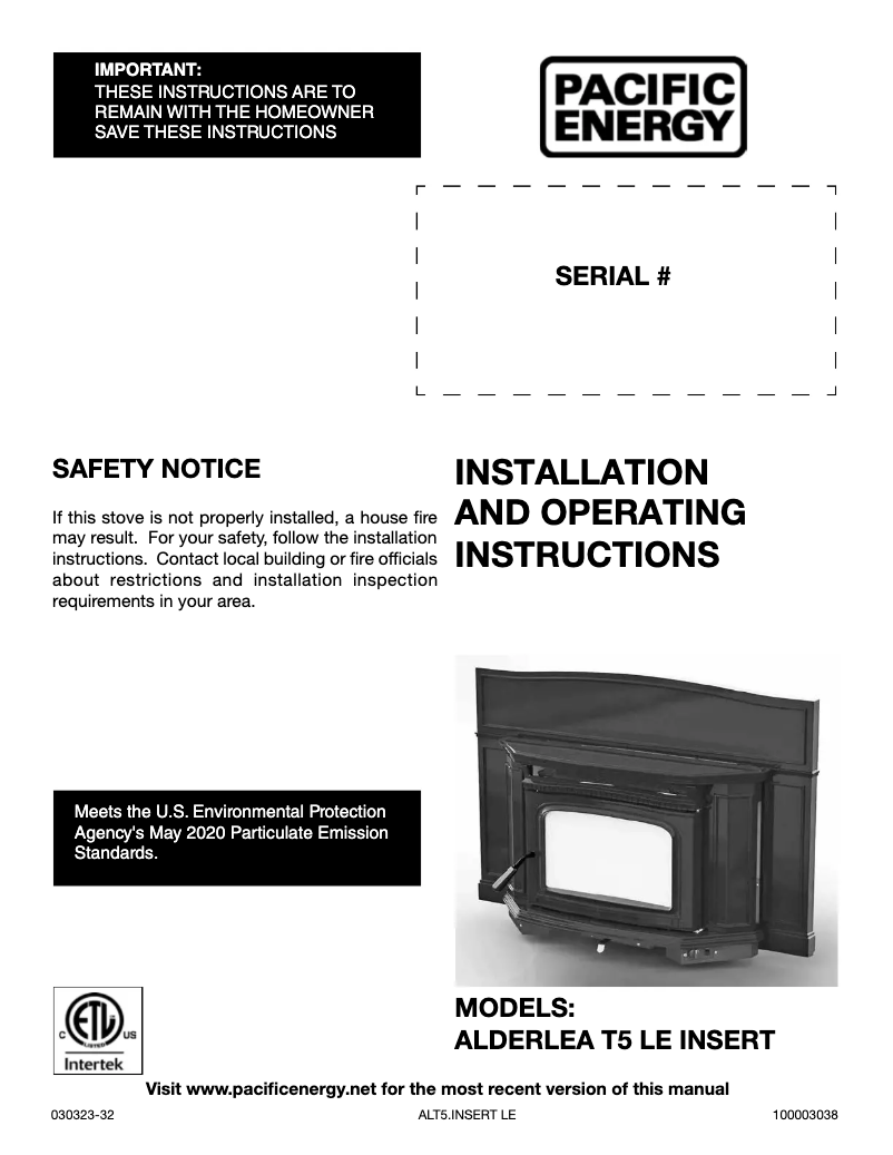 Page 1 de la notice Manuel utilisateur Pacific Energy Alderlea T5 Insert LE