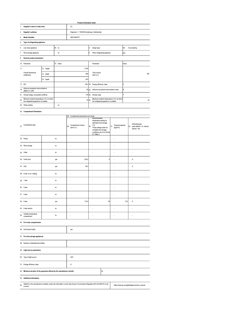 Page 1 de la notice Fiche technique LG GBV7280CPY