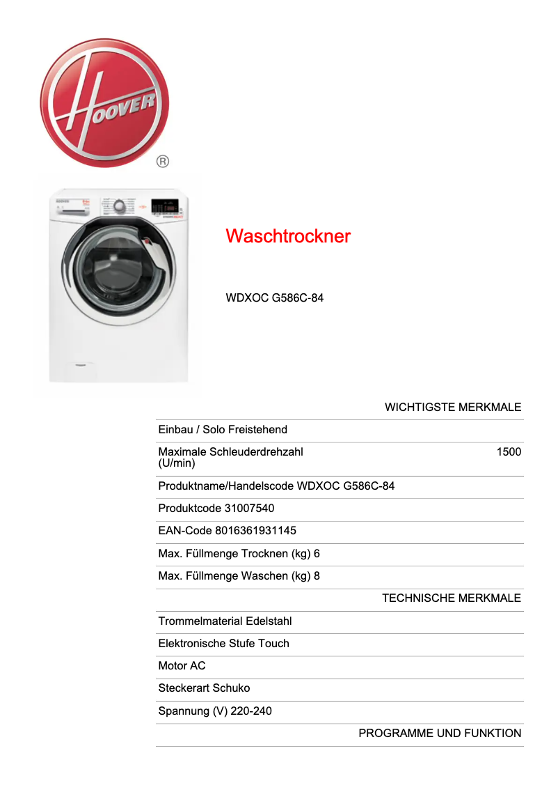 Page n°1 - Manuel utilisateur Hoover DYNAMIC NEXT WDXOC G586C-84