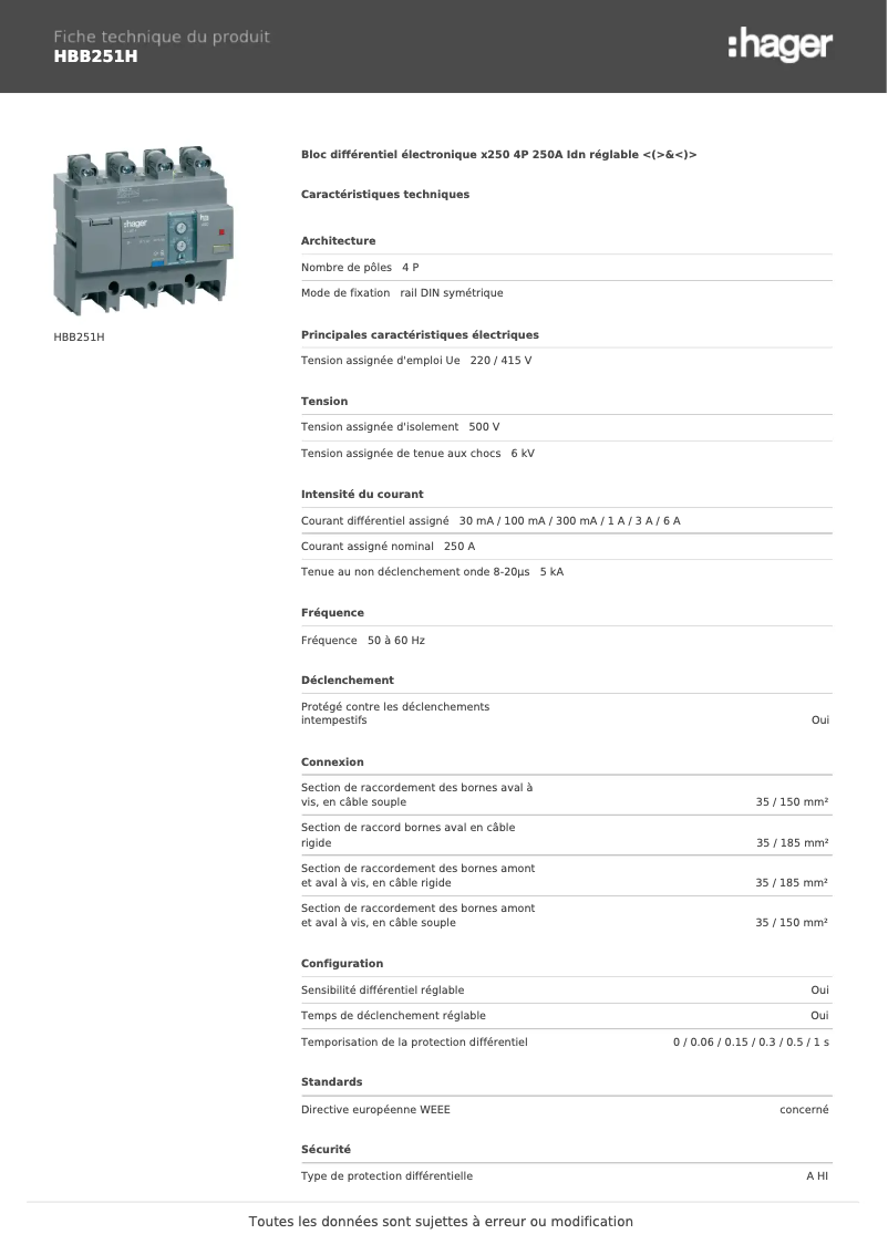 Page 1 de la notice Fiche technique Hager HBB251H